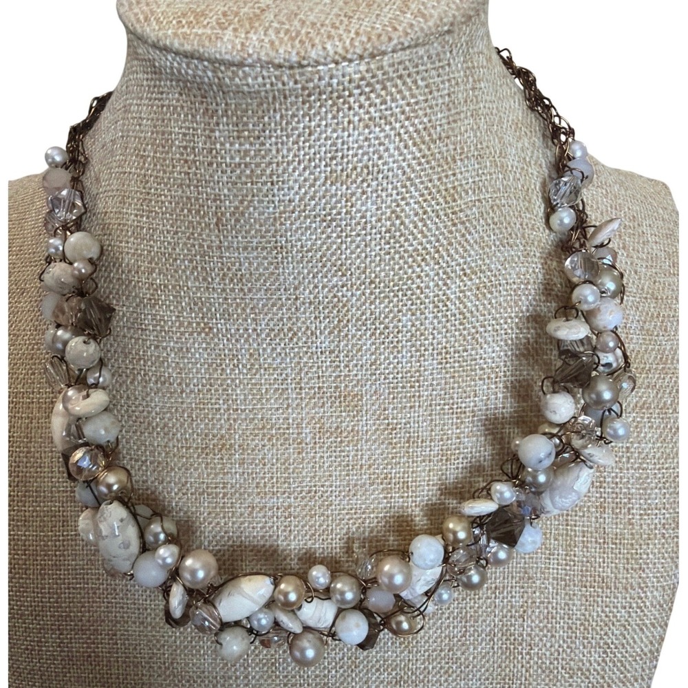 Bronze Wire Wrapped Statement Bib Necklace Faux Pearl Smoky Crystal Cream Stone